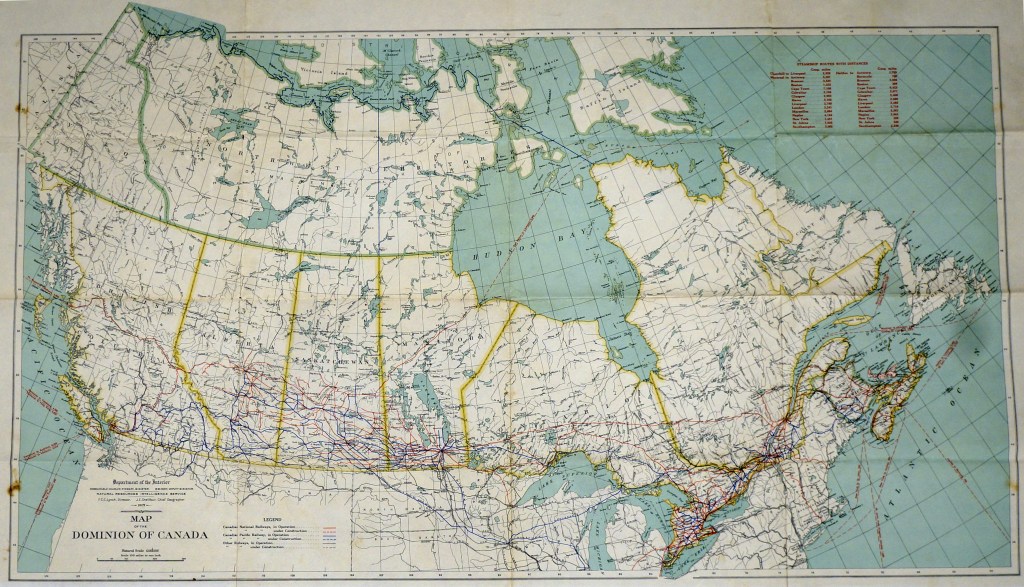 A map of the Dominion of Canada. Map dated 1927. Published by the Department of the Interior (Canada). Scale: 100 miles to 1 inch.
